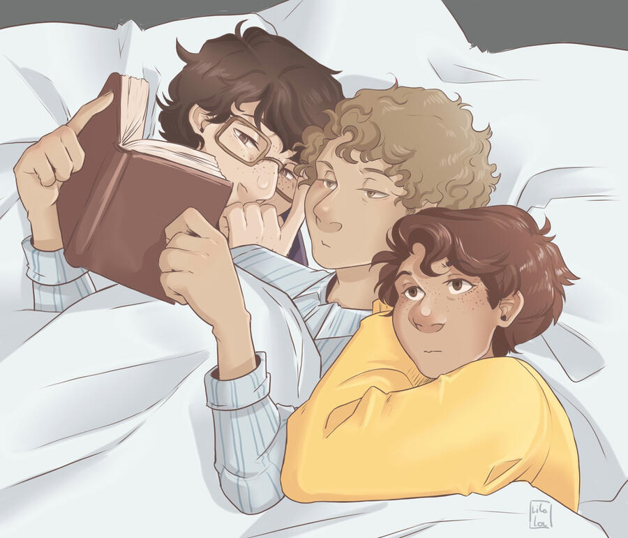art of Richie, Stan, and Eddie cuddling in bed and reading a book that Stan is holding