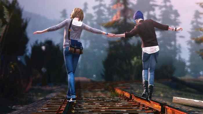 a picture from Life Is Strange of Chloe and Max on train tracks together